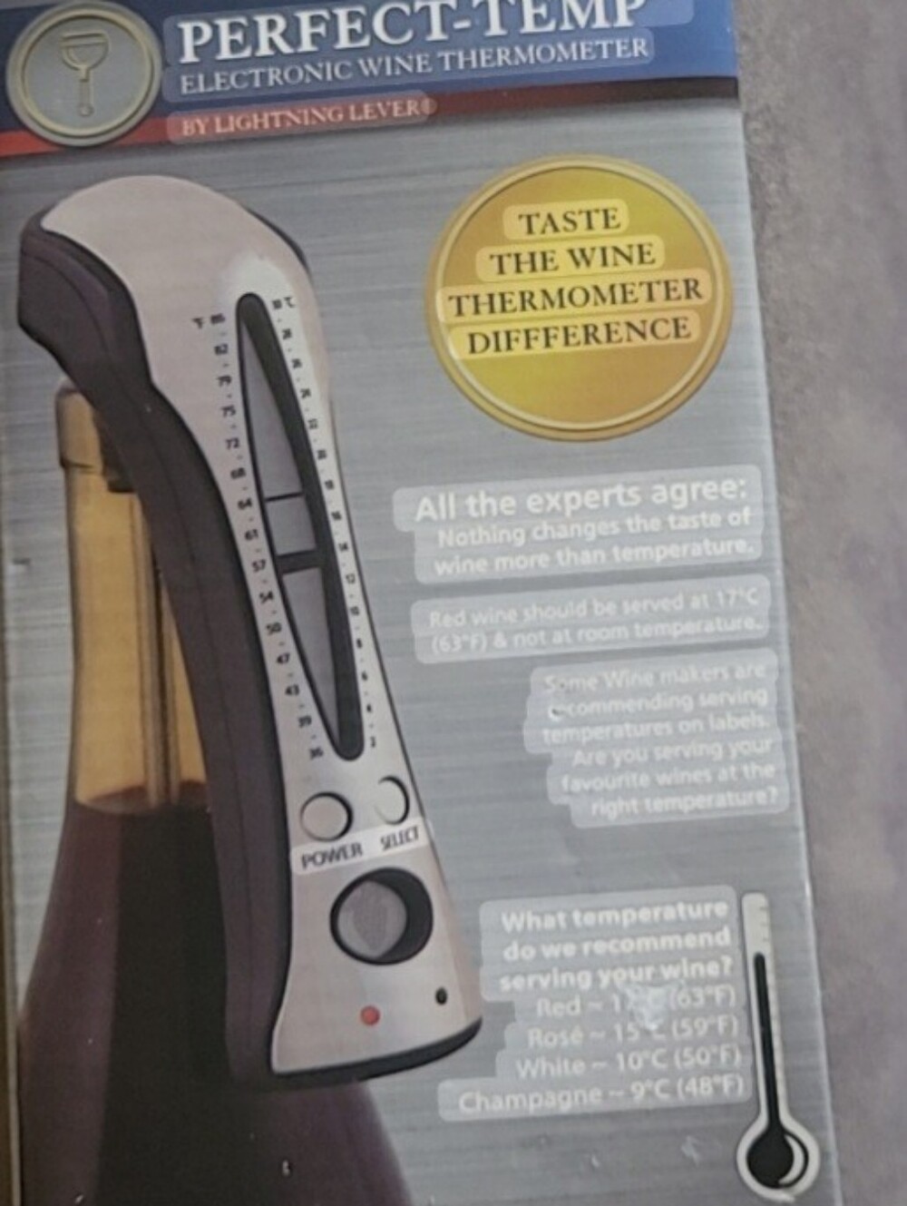 Perfect-Temp Electronic Wine Thermometer by Lightning Lever - Silver & Black